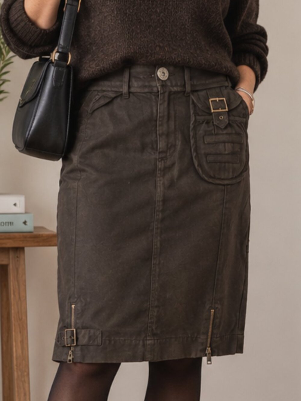 Not the Same Waxed Cotton Utility Skirt Brown EU 46